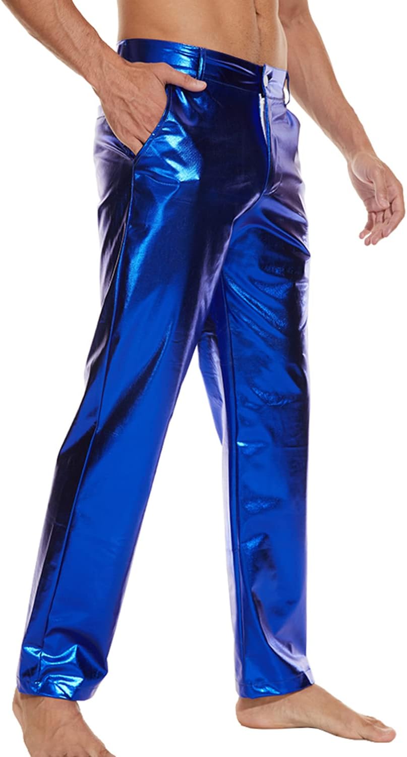 Mens Metallic Shiny Disco Pants, Wet Look Party Dance Straight Leg Trousers, 70s/80s Festival Rave Cosplay Leather Pants - Image 5