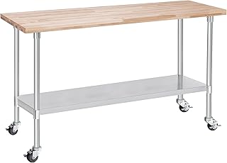 DuraSteel Butcher Block Counter Top - 24 x 72 x 34" Height with 4 Caster Wheels (Adjustable) - Kitchen, Side, Coffee, or Dining Table - Optional Base Leg Units, Natural Maple Slab Work Bench Top