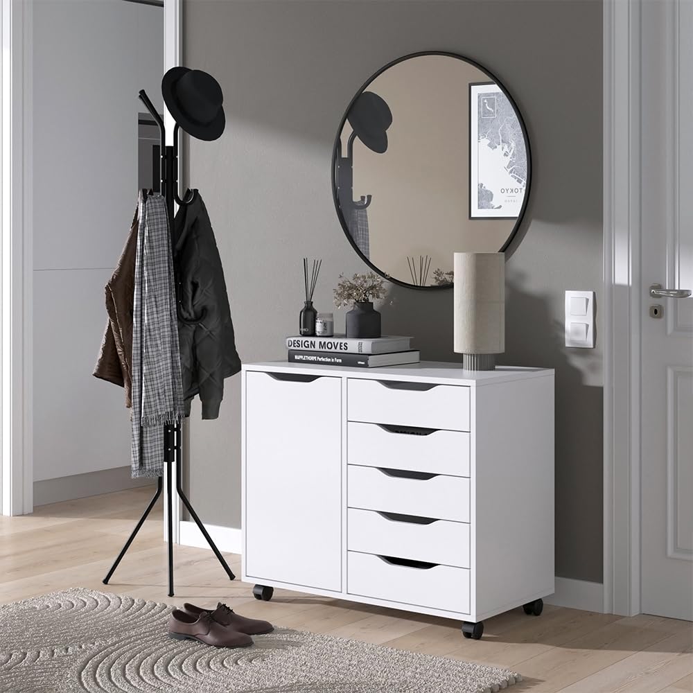 Vicco Aparador Otwin, Blanco, 40.6 x 61.5 cm | con 5 cajones y 1 puerta, para guardar ropa y artículos del hogar
