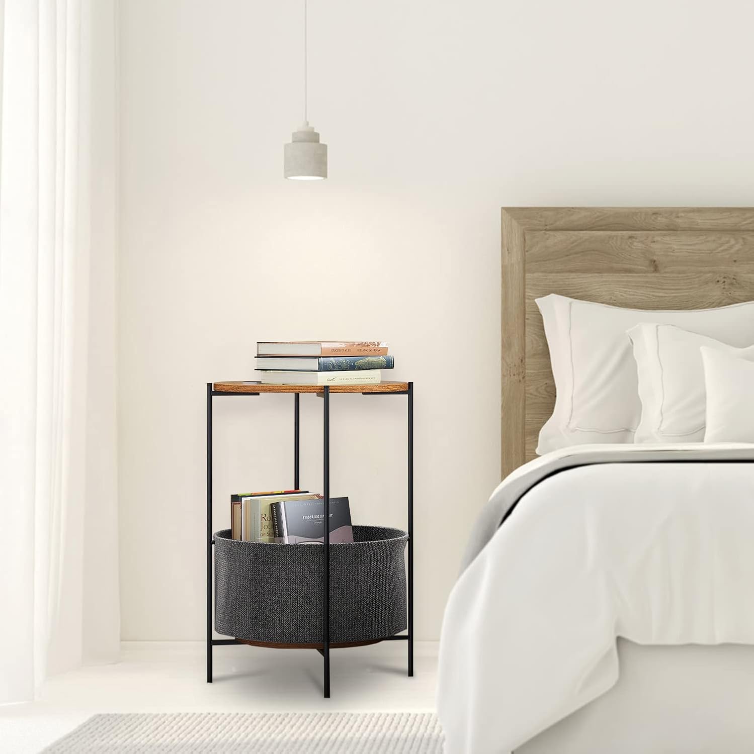 2-Tier Round End Side Table, Vintage Coffee Table with Fabric Storage Basket and Black Metal Frame, Snack Beside Table Wood-Look Accent Furniture for Bedroom Entryway Balcony (2) : Home & Kitchen