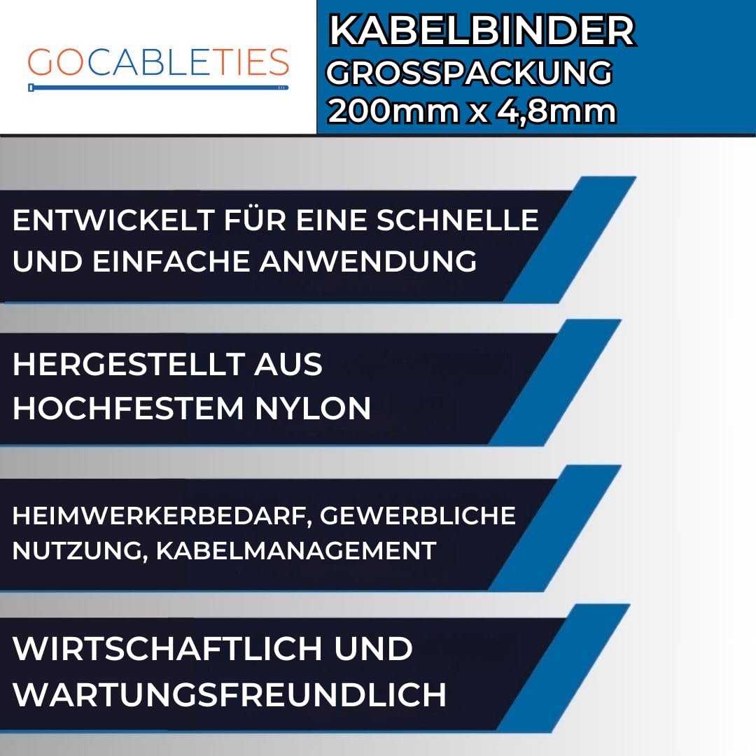 Gocableties Kabelbinder Silber 13000 Stück 200 x 4,8 mm UV-beständig