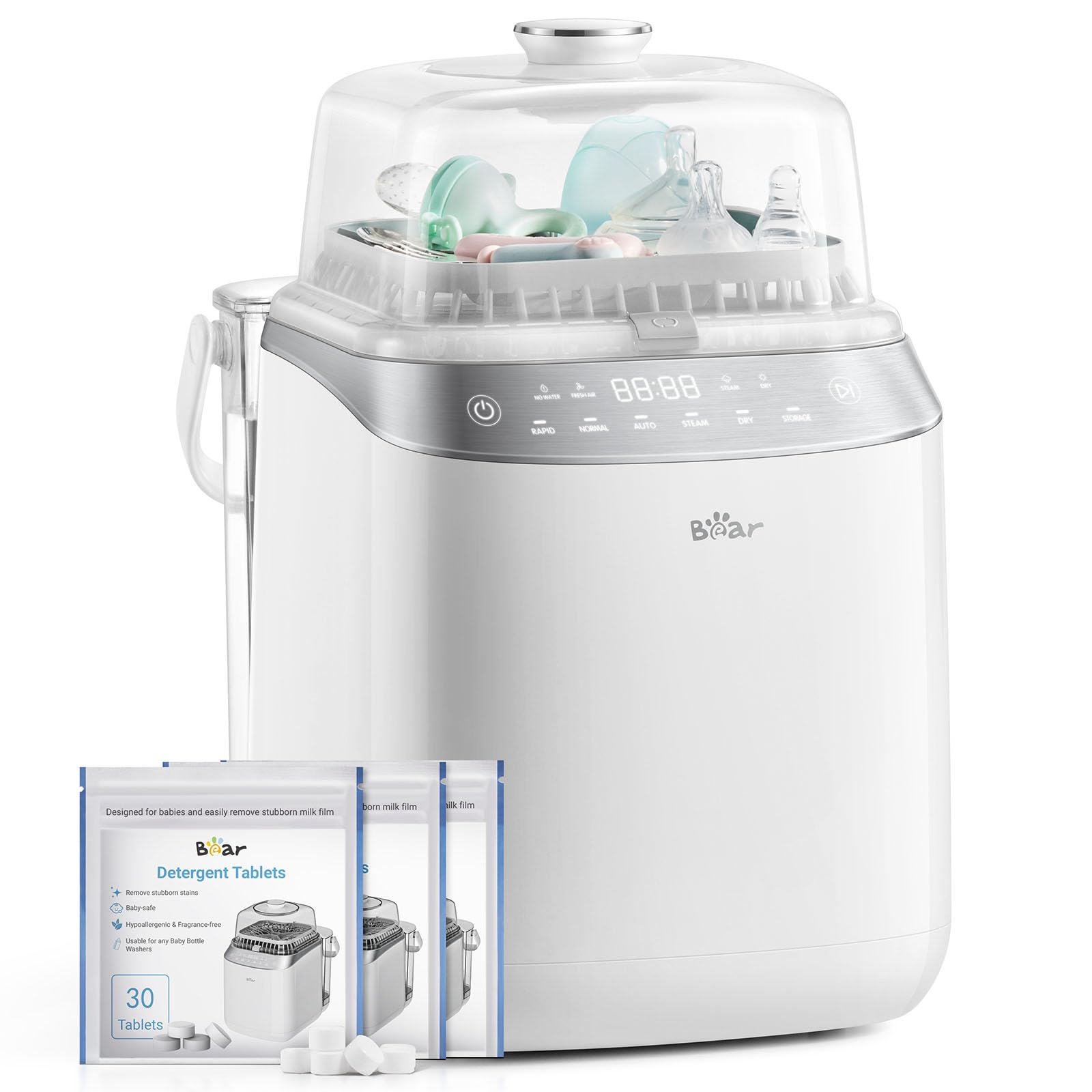 Bear Bottle Washer Pro - Limpiador Automático para Biberones | Limpieza Rápida, Esterilización a Alta Temperatura y Secado | 90 Tabletas de Limpieza Incluidas | Capacidad para 4 Biberones y Accesorios