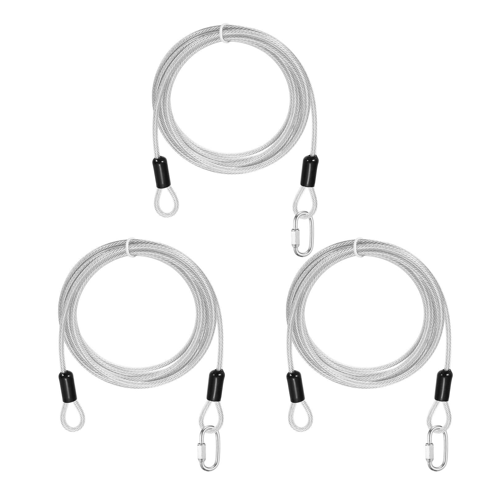 PATIKIL Security Cable Lock (4mm x 2.5m, 8.2ft, Clear)(3 Set) Vinyl Coated 304 Stainless Steel Double Loop Flexible Wire Rope Safety Cable with Quick Links Locking Connectors