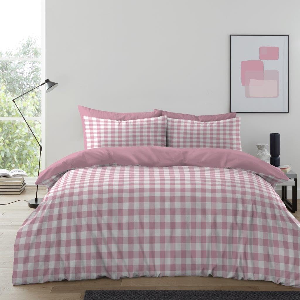 GC GAVENO CAVAILIA Gingham Check Duvet Cover King Size - Super Soft Microfiber Kingsize Duvet Cover Sets With Pillowcases - Tartan Check Bedding Set Reversible Plain Comforter Bed Cover - (230x220 Cm)