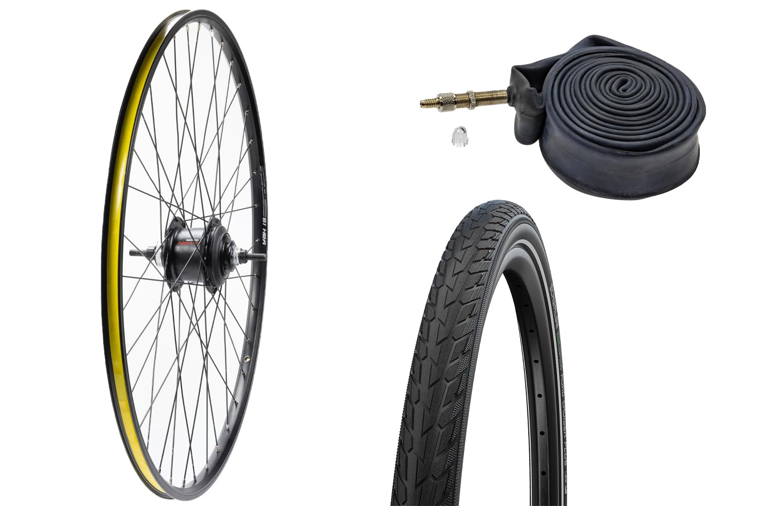 28 Zoll Fahrrad-Set – Road Cruiser Reifen (42-622) mit Pannenschutz & Reflex Yak 19 Hinterrad mit Nexus 7-Gang Nabe & Scheibenbremse Schlauch DV40
