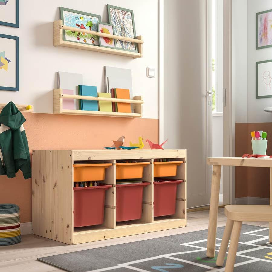 ZRIZAURA TROFAST Wooden Storage Cabinet with 6 Boxes, 93x44x52 cm, Light Pine Stained Storage Organiser For Office, Hallway, Bedroom & Living Room (Light Orange/Red)