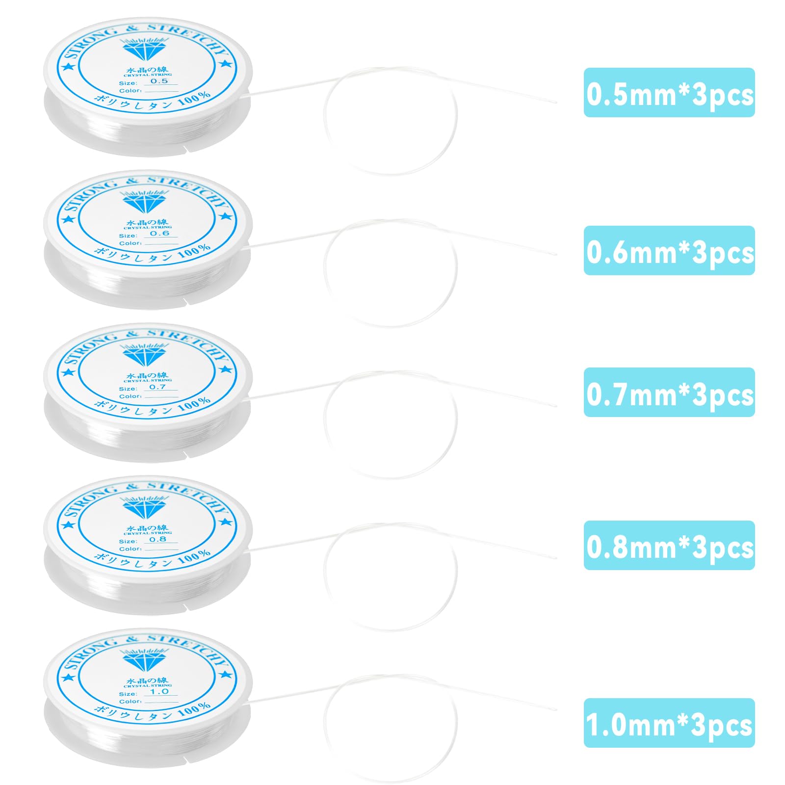 wonkeken 15 Pcs Transparent Elastic Thread Elastic Nylon Magic Rope(0.5mm 0.6mm0.7mm0.8mm1mm) with 2 Bead Needles 1 Pair of Scissors Bead String DIY Jewelry Making Bracelet Necklace Decoration - Image 2