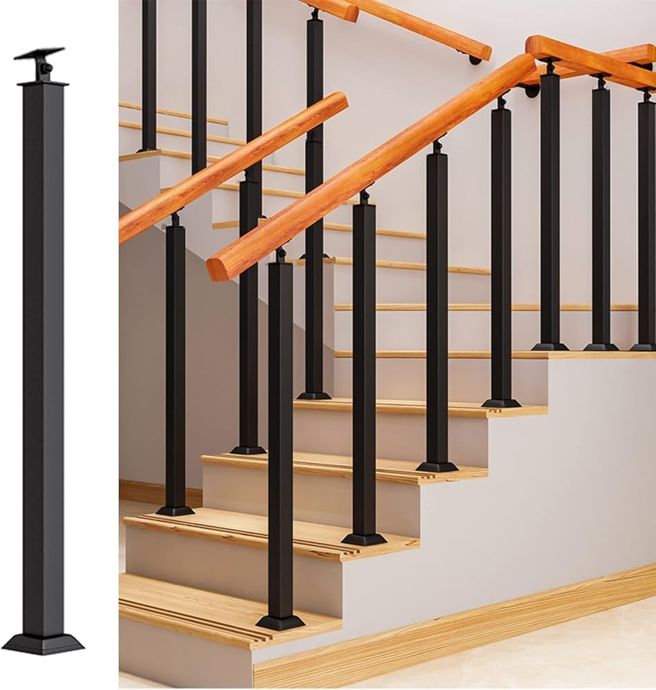 Lqsybhd Black Hand Rail For Indoor Steps Finish Stairs Floor Mounted Railing Spindles 270° Adjustable, Modern Square Indoor Loft Corridor Balusters Post(Size:95cm/37.4Inch)