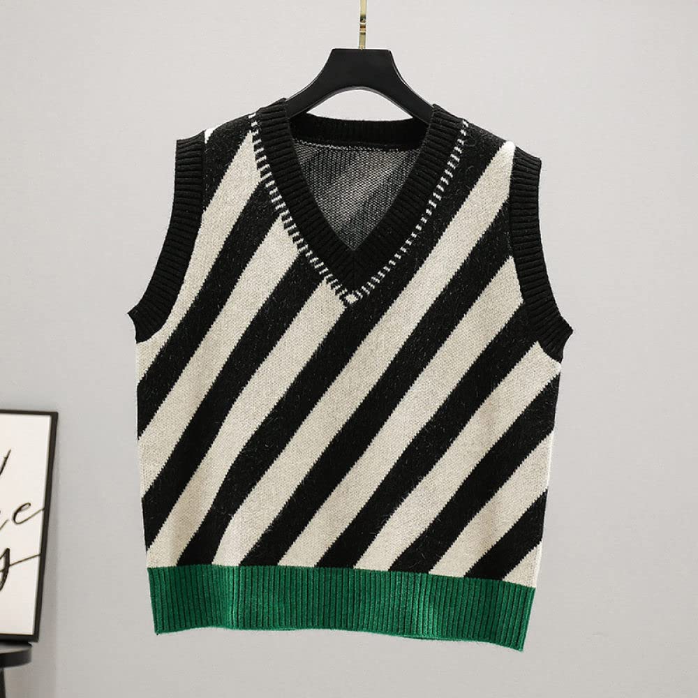 Ärmellose Strickweste Damen,Damen V-Ausschnitt Pullover Weste Retro Schwarz Diagonale Streifen Kurze Mode Ärmellos Strickwesten Weste Preppy Style Jumper Uniform Tank Top