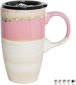 Bosmarlin Ceramic Travel Coffee Mug with Handle and Lid, 18 oz, Portable Coffee Cup for Car Cup Holder, Microwave and Dishwasher Safe, Reactive Glaze Pink