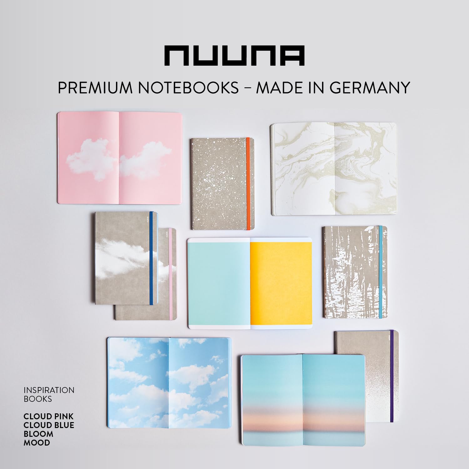 nuuna Inspiration Book M Quaderno A5, pagine colorate blu nuvola con motivi, 120 g, carta di alta qualità, JeansLabel grigio, prodotto in Germania in modo sostenibile