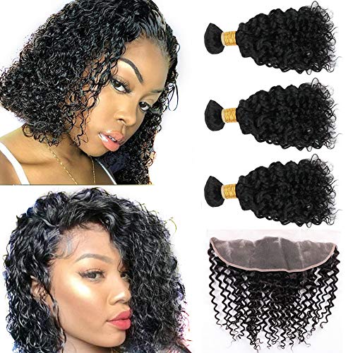 YMHPRIDE Short Kinky Curly Hair Bundles with Closure (8 10 12+8 Closure)100% Brazilian Virgin Curly Hair Bundles with 13X4 Lace Closure Curly Bundles Human Hair Natural Black