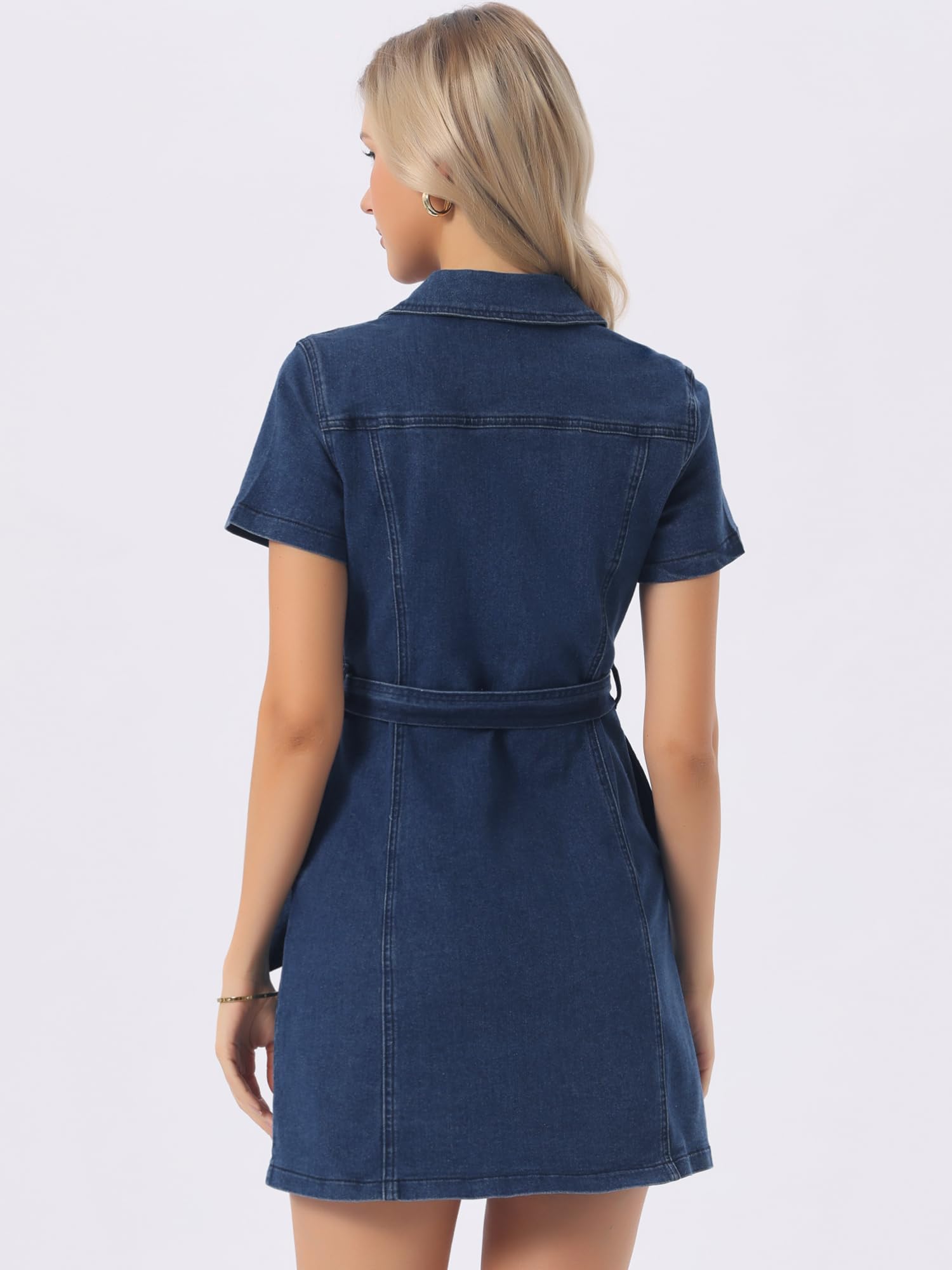 Allegra K Robe en Jean pour Femme, boutonnée, Manches Courtes, Ceinture, Style décontracté.