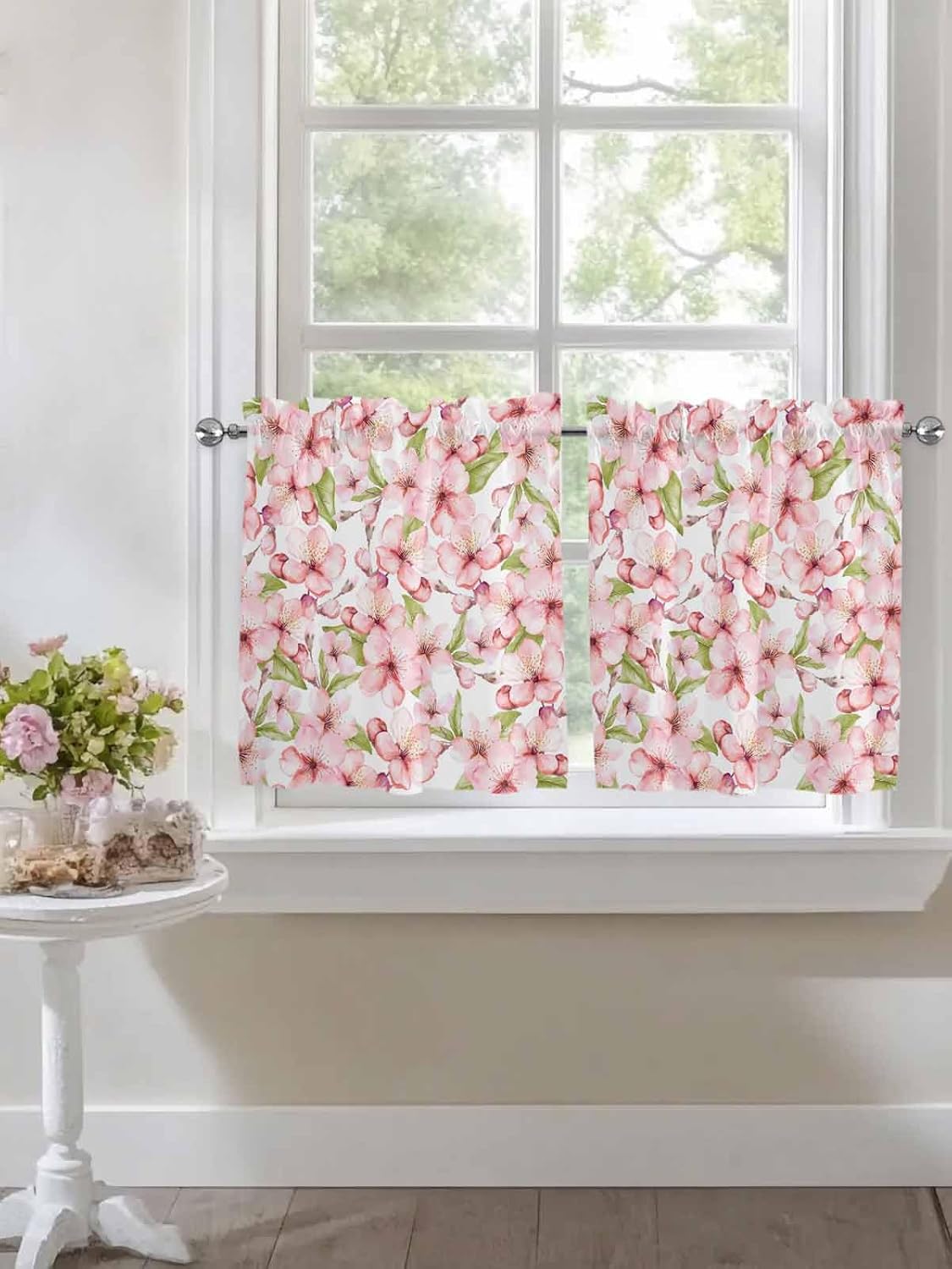 Spring Cherry Blossom Flower Window Tier Curtains 24 Inches Long Set of 2 Panels, Pink Floral White Backdrop Half Windows Rod Pocket Kitchen Curtains Small Kitchen Drapes for Bathroom Cafe