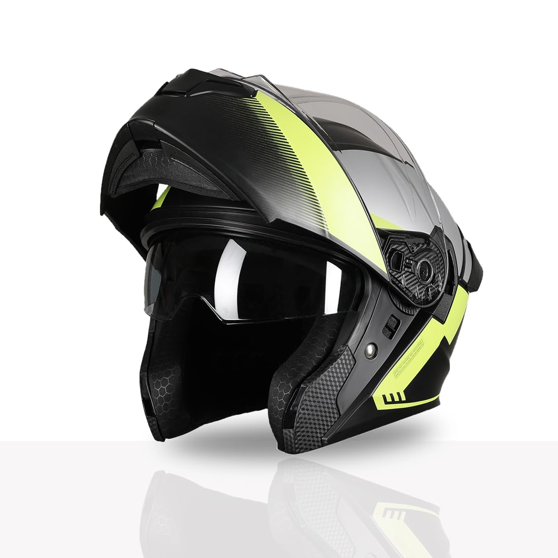 TVS Racing SuperPose Smoked Dual Visor Flip Up Modular Helmet for Men and Women, ISI DOT Certified, ABS Shell, Quick Release Visor, Lightweight, Ventilated, Open Face to Full Face-image-27