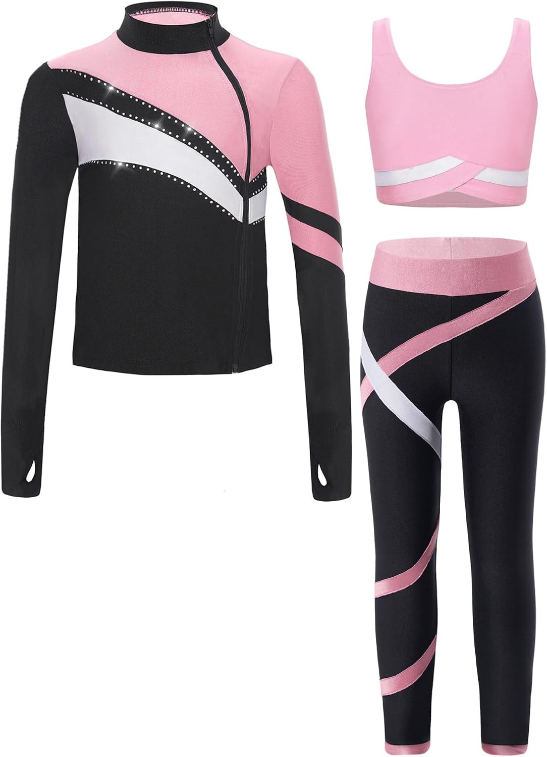 Freebily 3Pcs Kids Girls Tracksuit Long Sleeve Zipper Sweatshirt Sleeveless Vest Top Leggings Sports Outfits