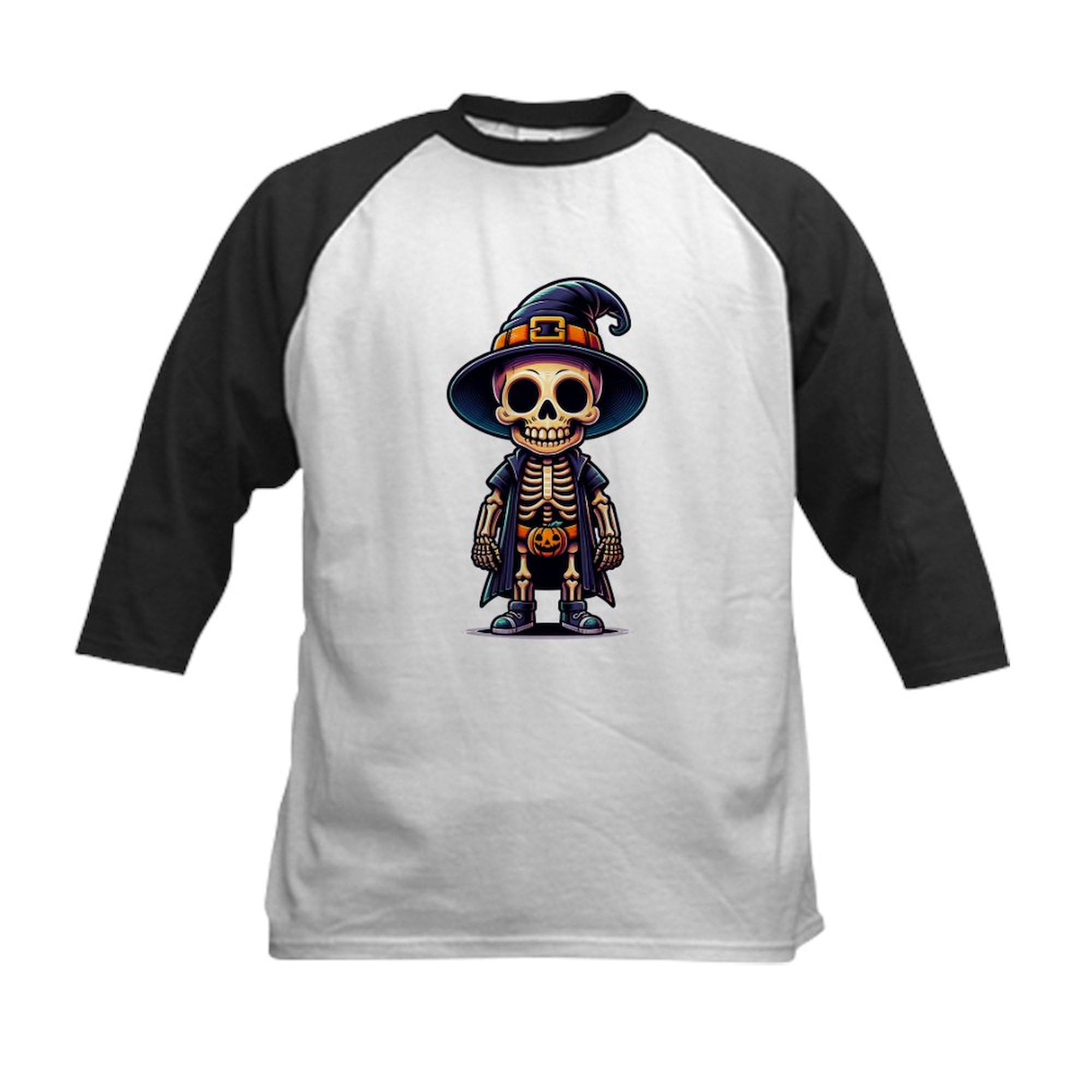 CafePress Halloween Spooky Skeleton Witch Kids Baseball T Shirt Kids Cotton Baseball Jersey, 3/4 Raglan Sleeve Shirt Black/White