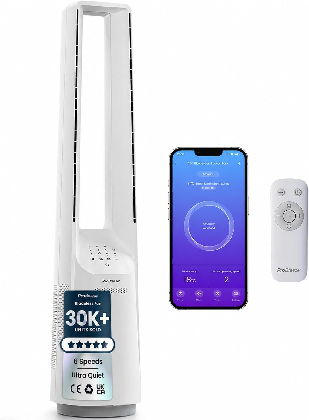Pro Breeze  WiFi Silent Bladeless Portable Tower Fan - Ultra Quiet Standing Air Circulator with Remote Control, Timer, 6 Speeds & LED Display, Smart App