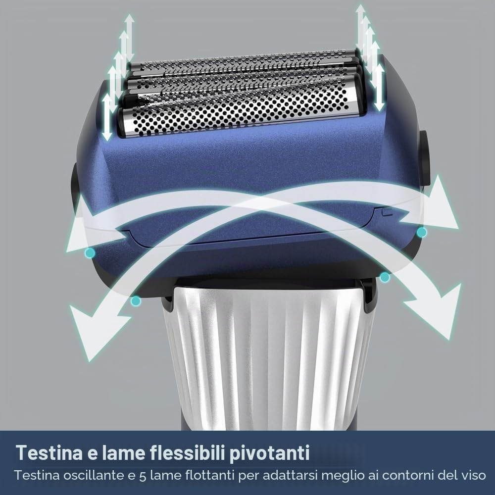 Amurhey Rasoio Elettrico Barba con 5 Lame Pro, Rasoio Elettrico Wet & Dry 100 Minuti Di Autonomia, Rasoio Barba con Trimmer pop-up e Custodia da Viaggio, Ricaricabile, Regalo uomo