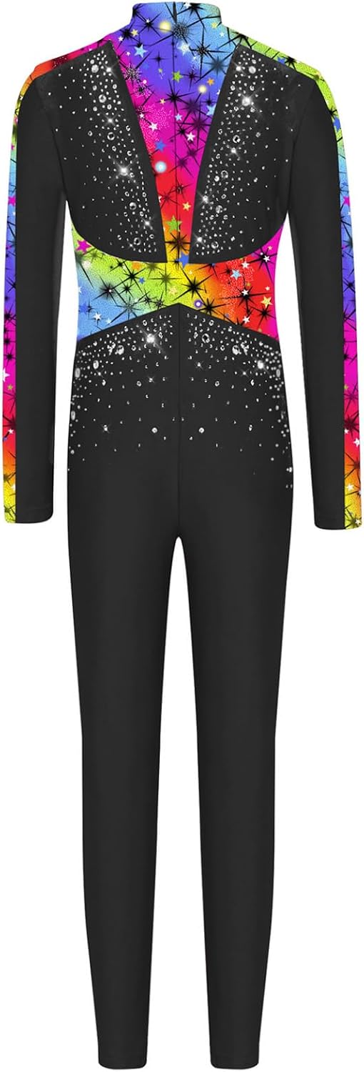Loyan Girls Long Sleeve Ballet Dance Bodysuit Sequins Full Body Leotard Rhinestone Catsuit Figure Ice Skating Jumpsuit