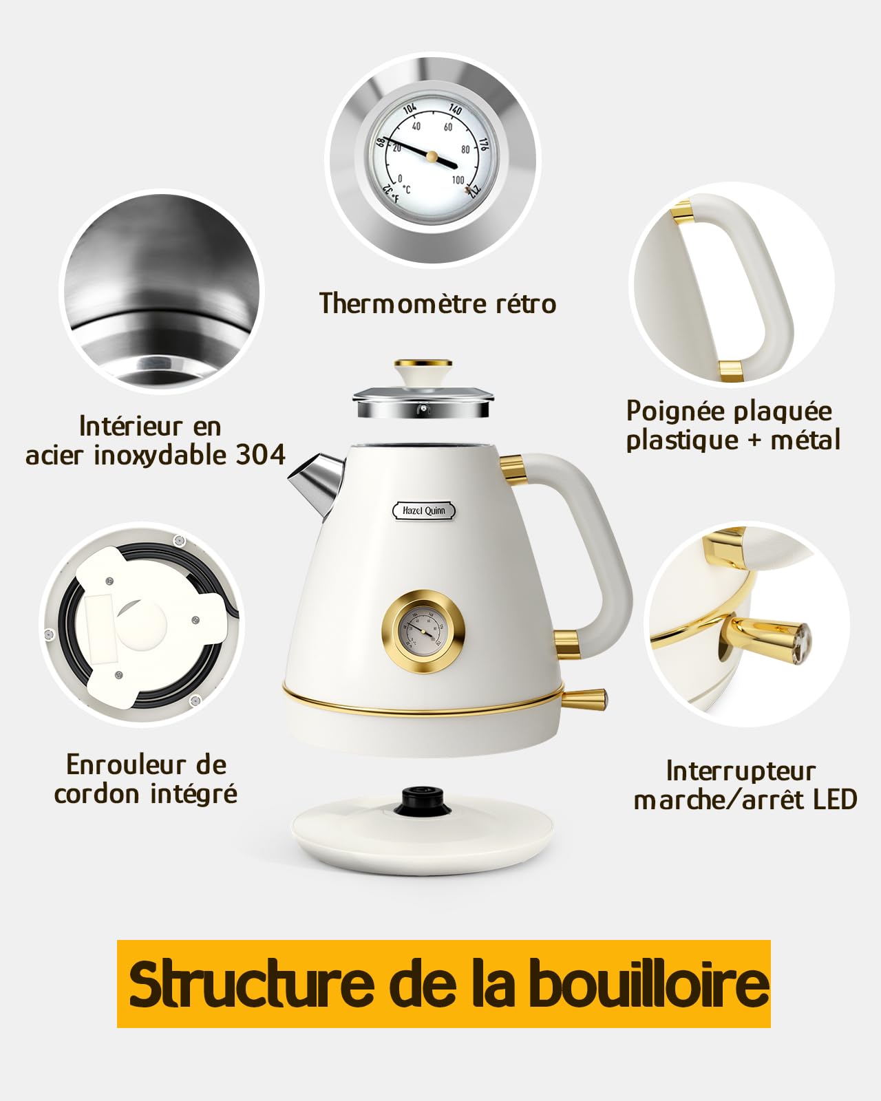 Hazel Quinn Bouilloire Électrique Rétro avec Thermomètre, Entièrement en Acier Inoxydable sans Plastique, Bouilloire Sans Fil, Arrêt Automatique, 2200 W, 1,7 L, Sans BPA, Vintage Design, Blanc Perle