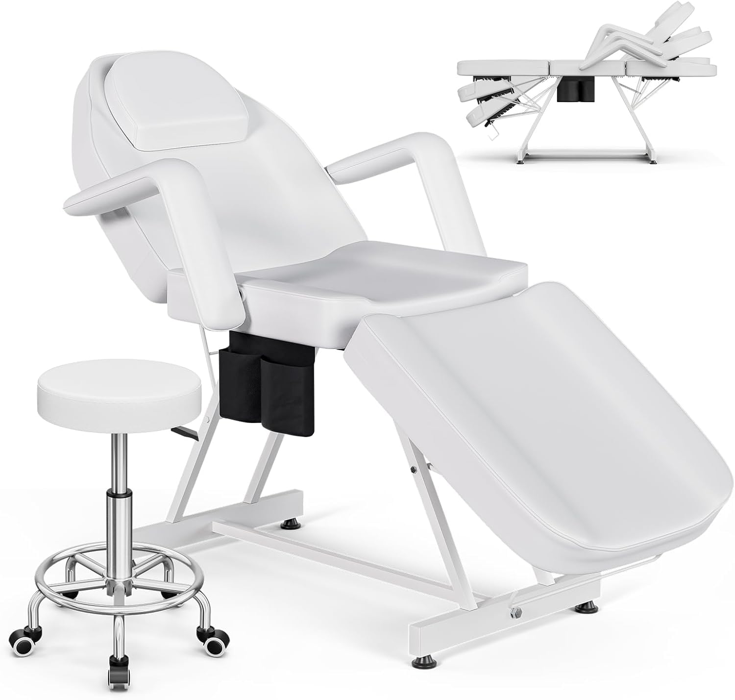 Verstellbare Kosmetikliege mit 3 Abschnitten und hydraulischem Hocker für professionelle Salons und Spas, Weiß