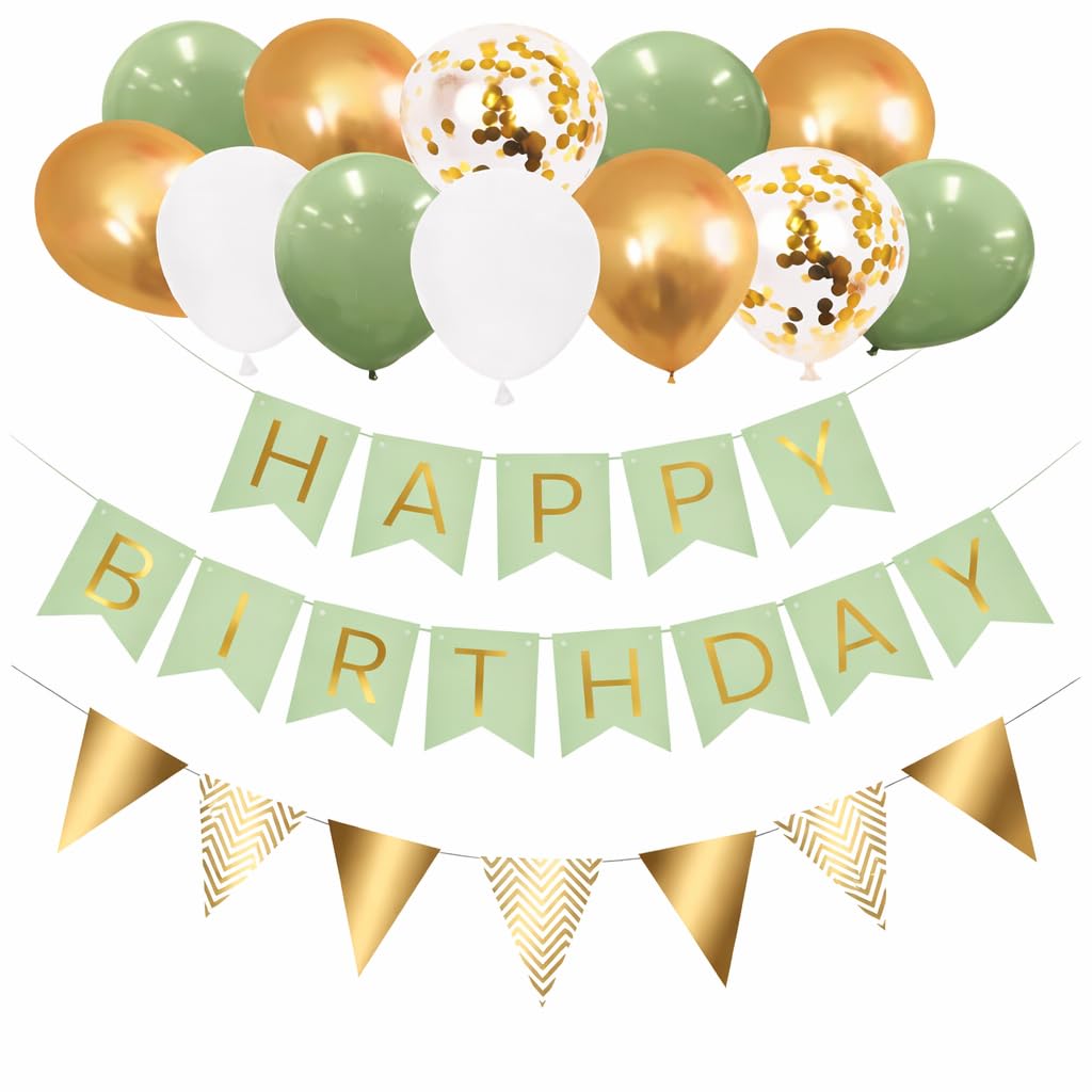 Happy Birthday Banner, Green Birthday Decoration -12inch Birthday Balloons, Ribbons and Banners, Buntings, Wall Hooks, A Perfect Happy Birthday Decorations. (Green)
