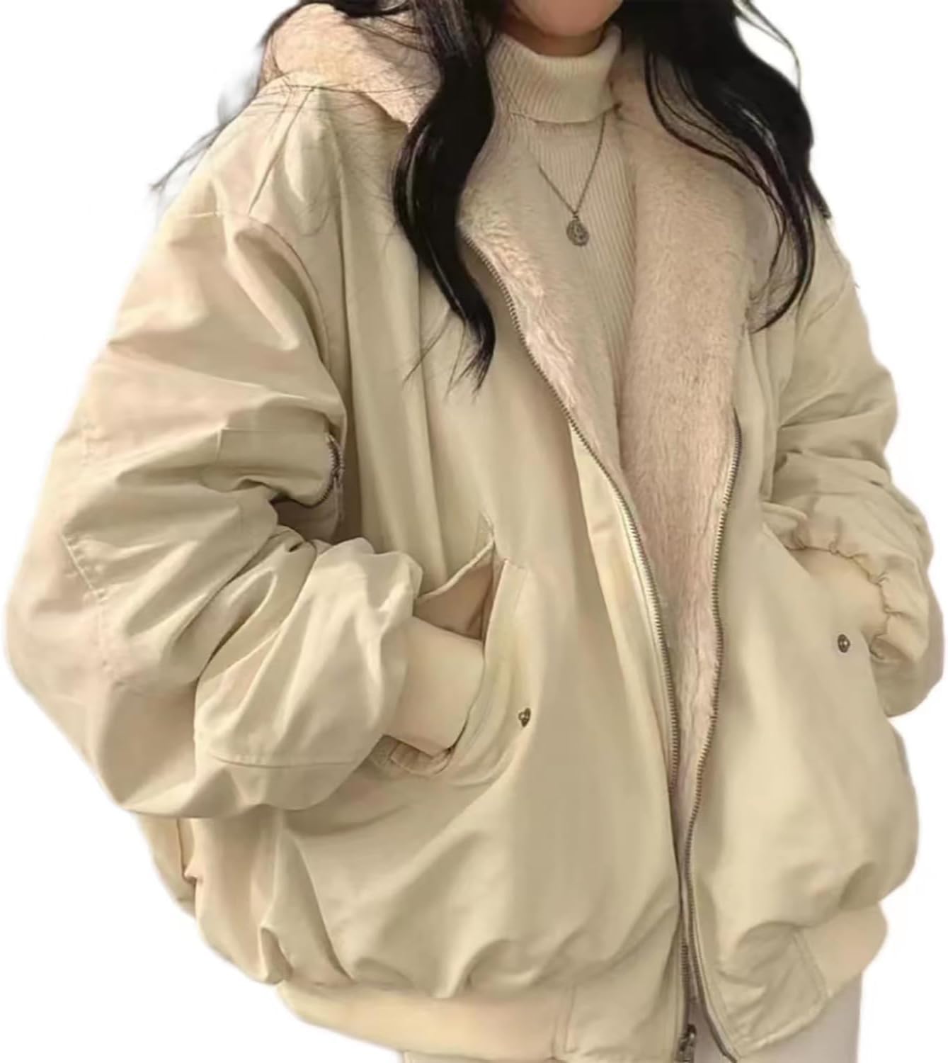 Sherpa kurtka dla kobiet nastolatków Odwracalna Y2K Zip Up Hoodie Fur Futro Zima płaszcz zimowy CuteCore Koreańskie ubrania, beż, m.