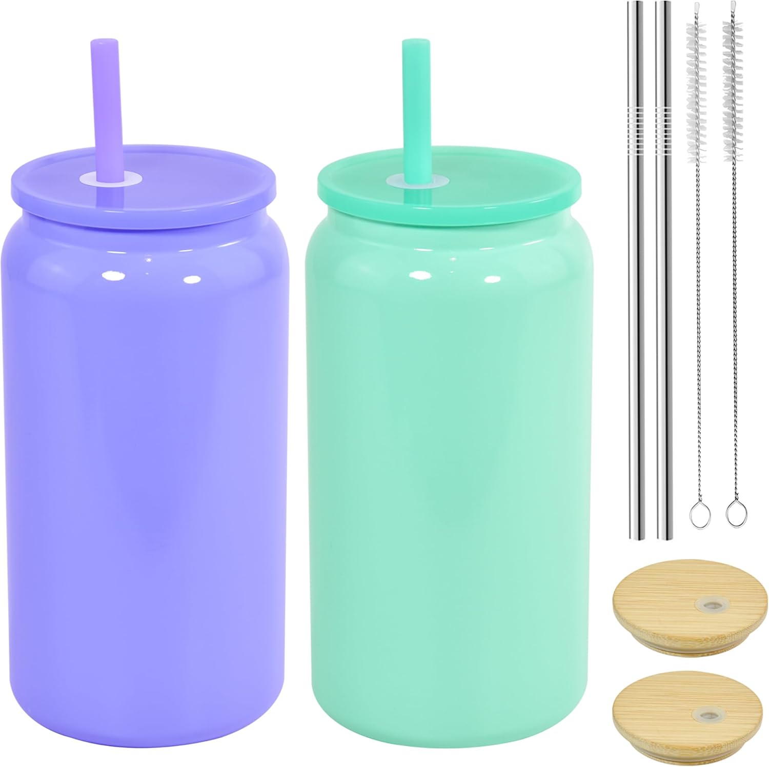 16oz Stainless Steel Tumbler, 2Pack Double Wall Insulated Mason Jar, Sublimation Beer Can with Lids and Straws, Iced Coffee Cups for Water Cola Coffee Soda Tea