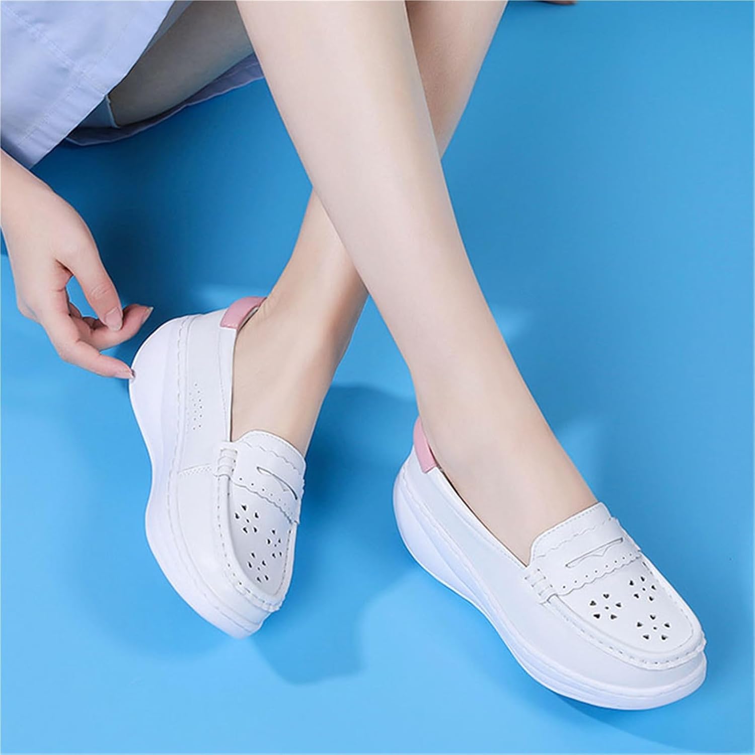 Women's White Slip-On Lightweight Hollow Out Breathable Nursing Working Shoes, Leather Comfortable Non-Slip Flat Soft Bottom Shoes Loafers, Ideal for Nurse Healthcare Crews