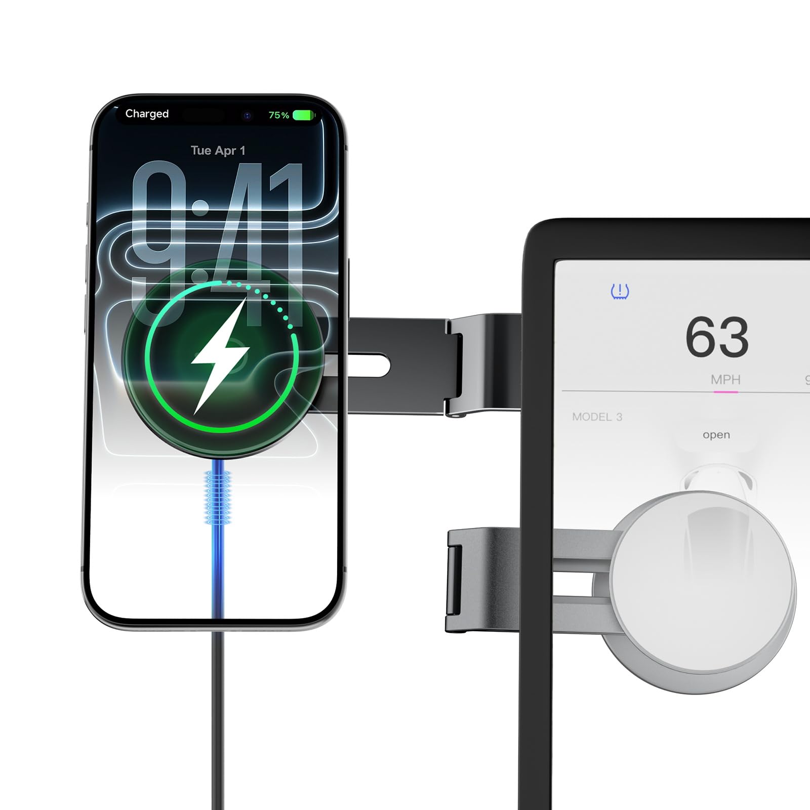 CloudValley Supporto per telefono 15W con ricarica integrata per Tesla Model 3/Y/Juniper/Cybertruck, supporto magnetico metallico auto ruotabile a 360°, design pieghevole ed estensibile a scomparsa
