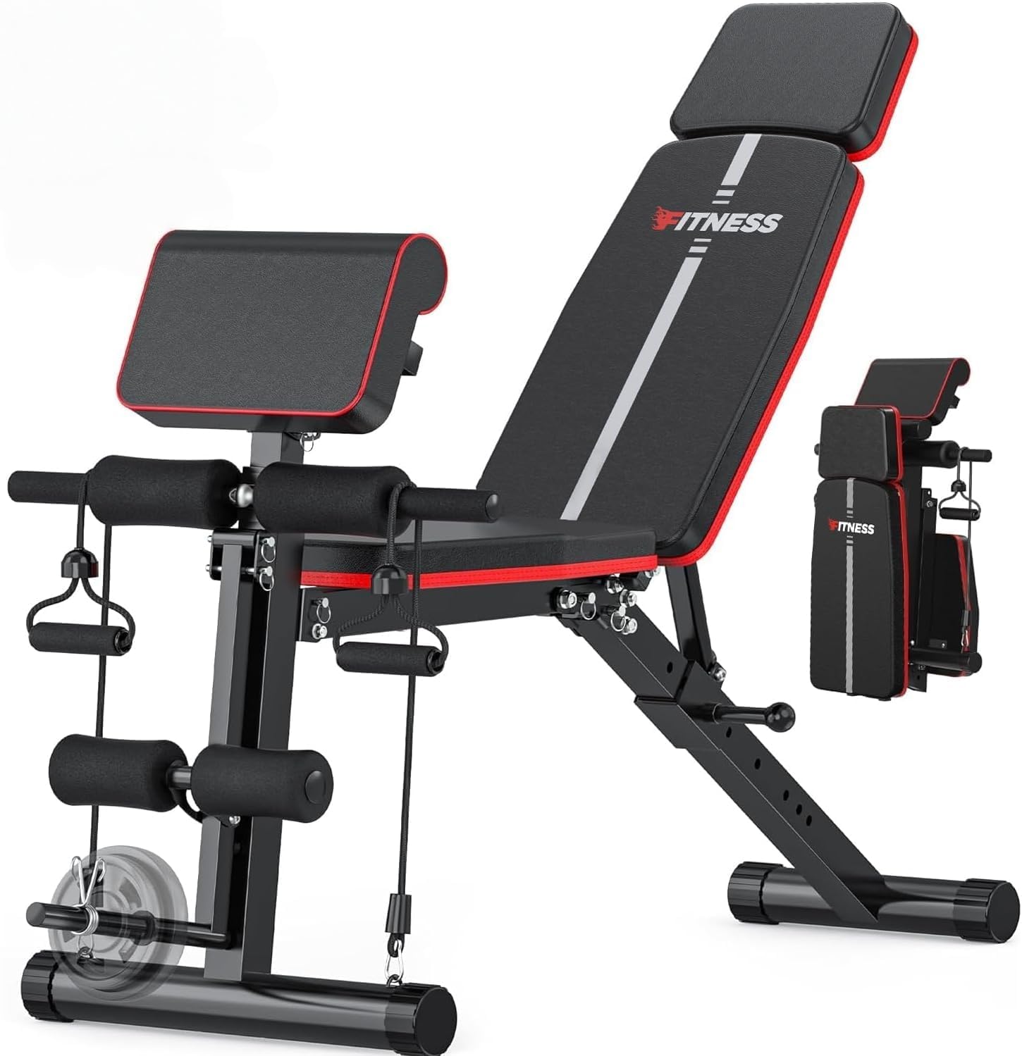 Verstellbare Hantelbank für Heimtrainingsstudio, 350kg Hantelbank Klappbar mit Beinverlängerung & Prediger-Curl-Pad, Neig- und Fallbank Trainingsbank für zuhause