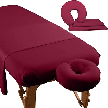Premium Microfiber 3 Piece Massage Sheet Set by NRG - Includes Massage Table Flat Sheet, Fitted Sheet and Face Rest Cover - 100% Double Brushed Polyester, Soft as Silk - 120 GSM - Color Merlot