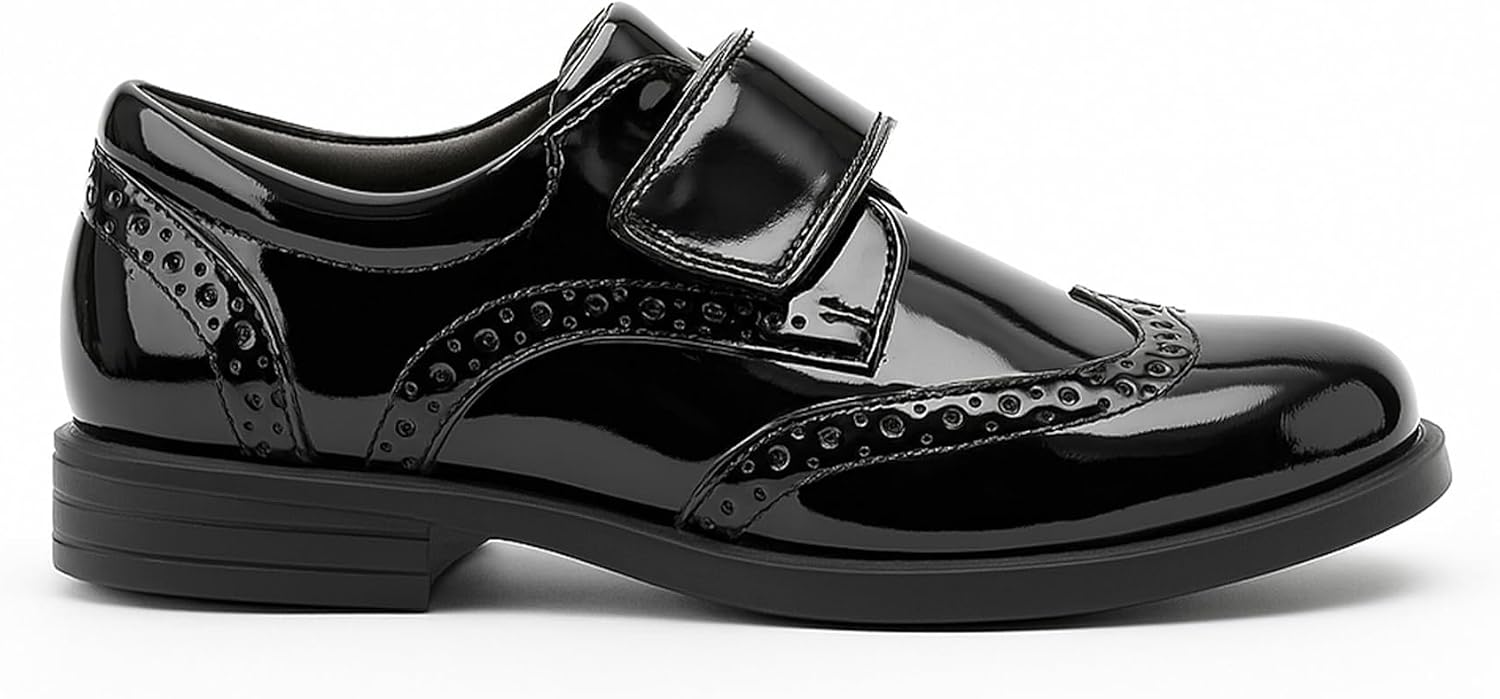 Boys Patent Synthetic Leather Dress Black Shoes Strap Brogue Formal Wedding Pageboy Footwear Size US Little Kid 3 - EU 34