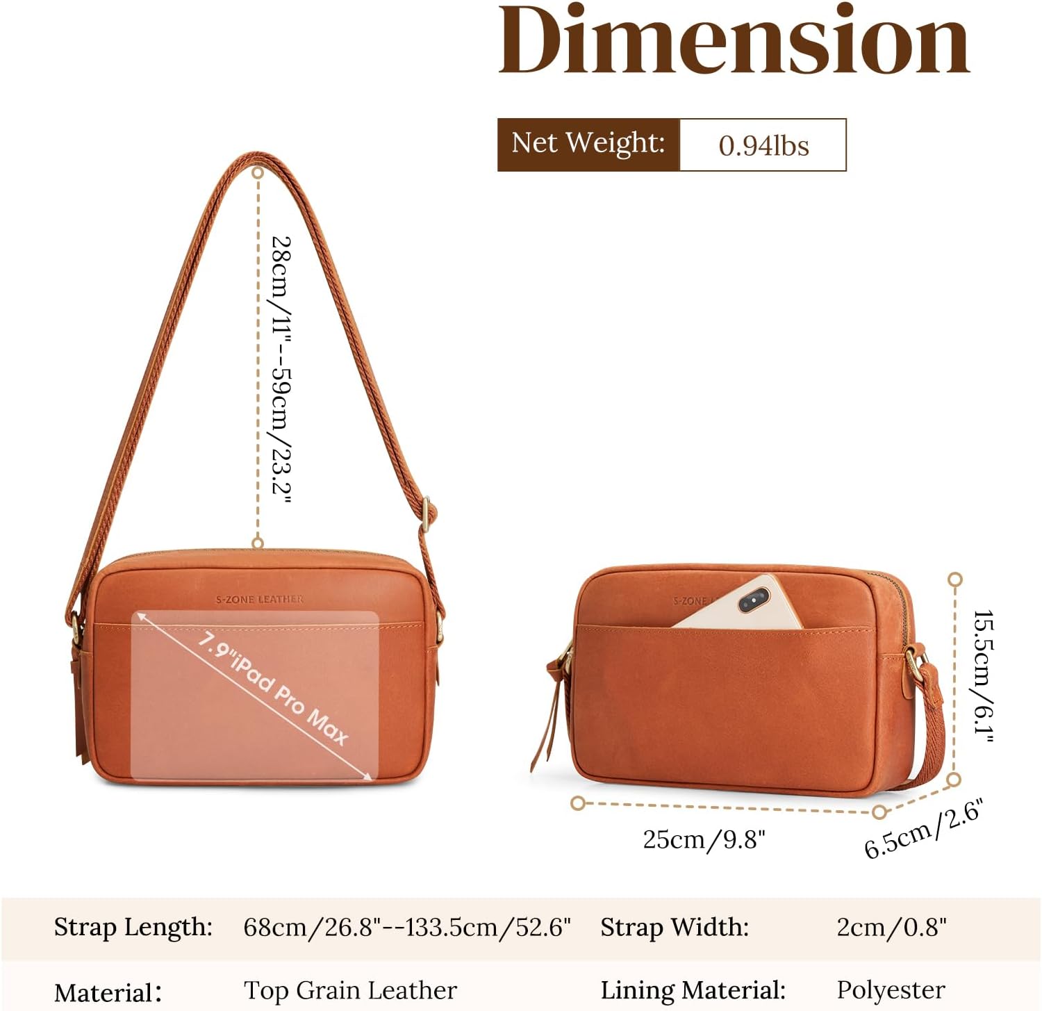 S-ZONE Crossbody Bags for Women Top Grain Leather Shoulder Handbags Camera Bag Purse Adjustable Strap Travel Daily Gift - Image 4