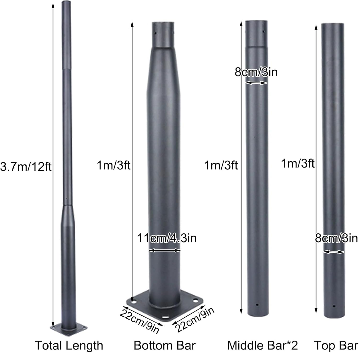 7Ft to 12Ft Tall Outdoor Light Post, Parking Lot Light Pole, Light Poles for Outside, Sub-Assembly of Street Light Pole for Porch, Park, Pathway, Street(370cm/12ft)