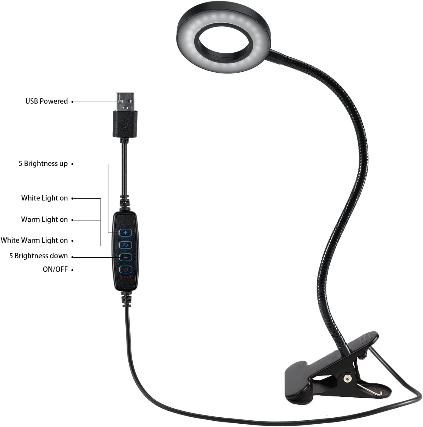 Desk Lamp Clip on Light, Desk Light 48 LED Lamp with 3 Lighting Modes, Dimmable 10 Brightness Levels, 360° Adjustable Gooseneck, Eye-Caring Small Lamp for Bed Headboard Reading(Included Adapter )