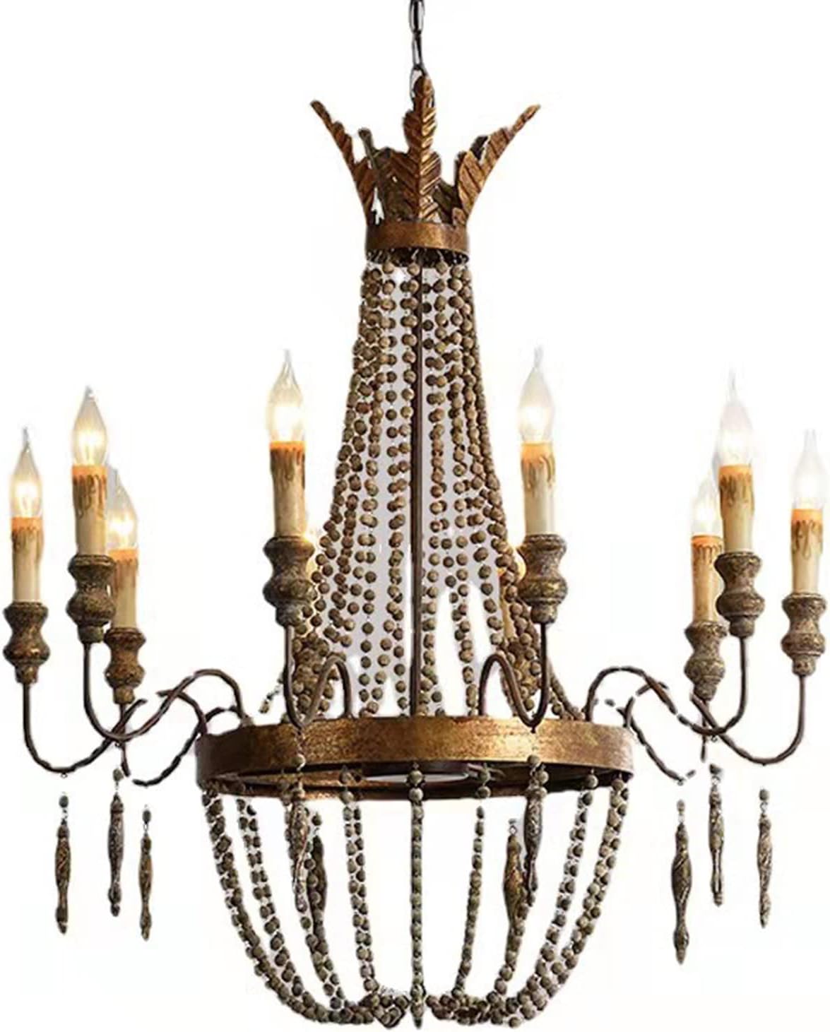 Machine French Wooden Bead Chandelier, Industrial Style Wrought Iron Candle Pendent, American Country Duplex Droplight,for Bedroom, Entryway, Dining Room, Girls Room, Foyer