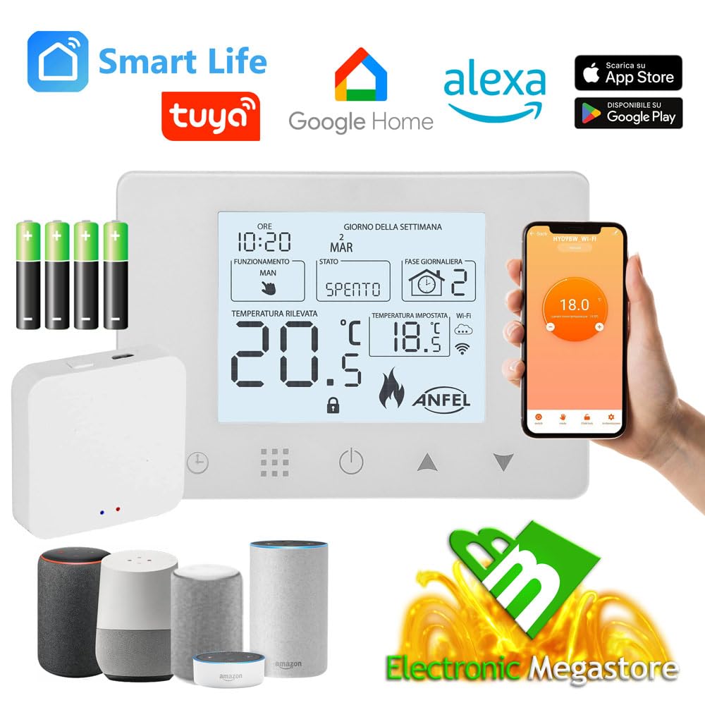 CRONOTERMOSTATO WIFI A BATTERIE PROGRAMMABILE SMARTPHONE APP ALEXA TERMOSTATO CALDAIA DA PARETE O BOX 503 display in ITALIANO con Gateway Zigbee