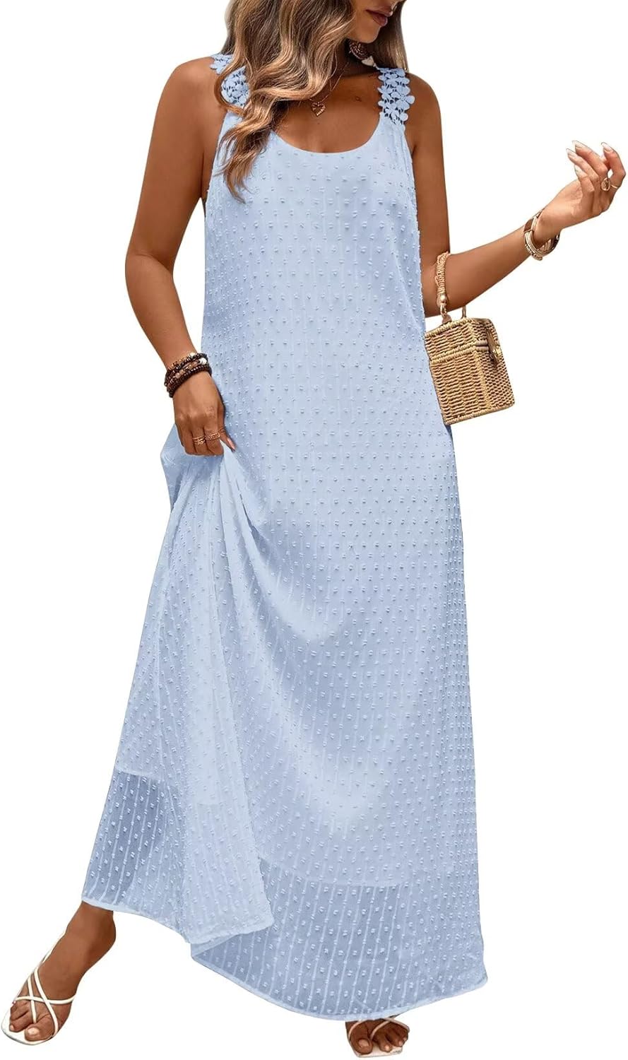Falechay Summer Dresses for Women 2026 Beach Lace Spaghetti Strap Maxi Wedding Guest Dress Boho Crewneck Vacation Sundress
