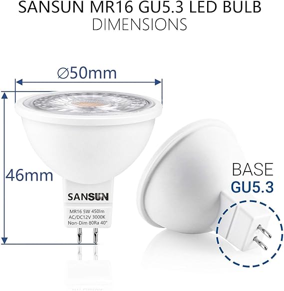 GU5.3 MR16 LED Bulbs 5 W Replace 50 W Halogen Bulbs Warm White 3000 K 12 V AC/DC Not Dimmable Pack of 4