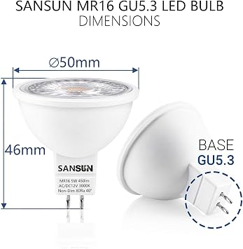 GU5.3 MR16 LED Bulbs 5 W Replace 50 W Halogen Bulbs Warm White 3000 K 12 V AC/DC Not Dimmable Pack of 4