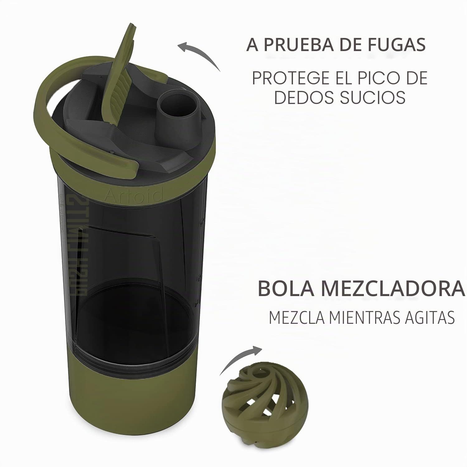 Artoid Mode Protein Batidor de Proteínas con Compartimento para Polvos Bebidas Deportivas Jabón de Manos Negro/Verde 720ml, Colador Organizador bolas espiral 200ml Suplementos dietéticos sin BPA