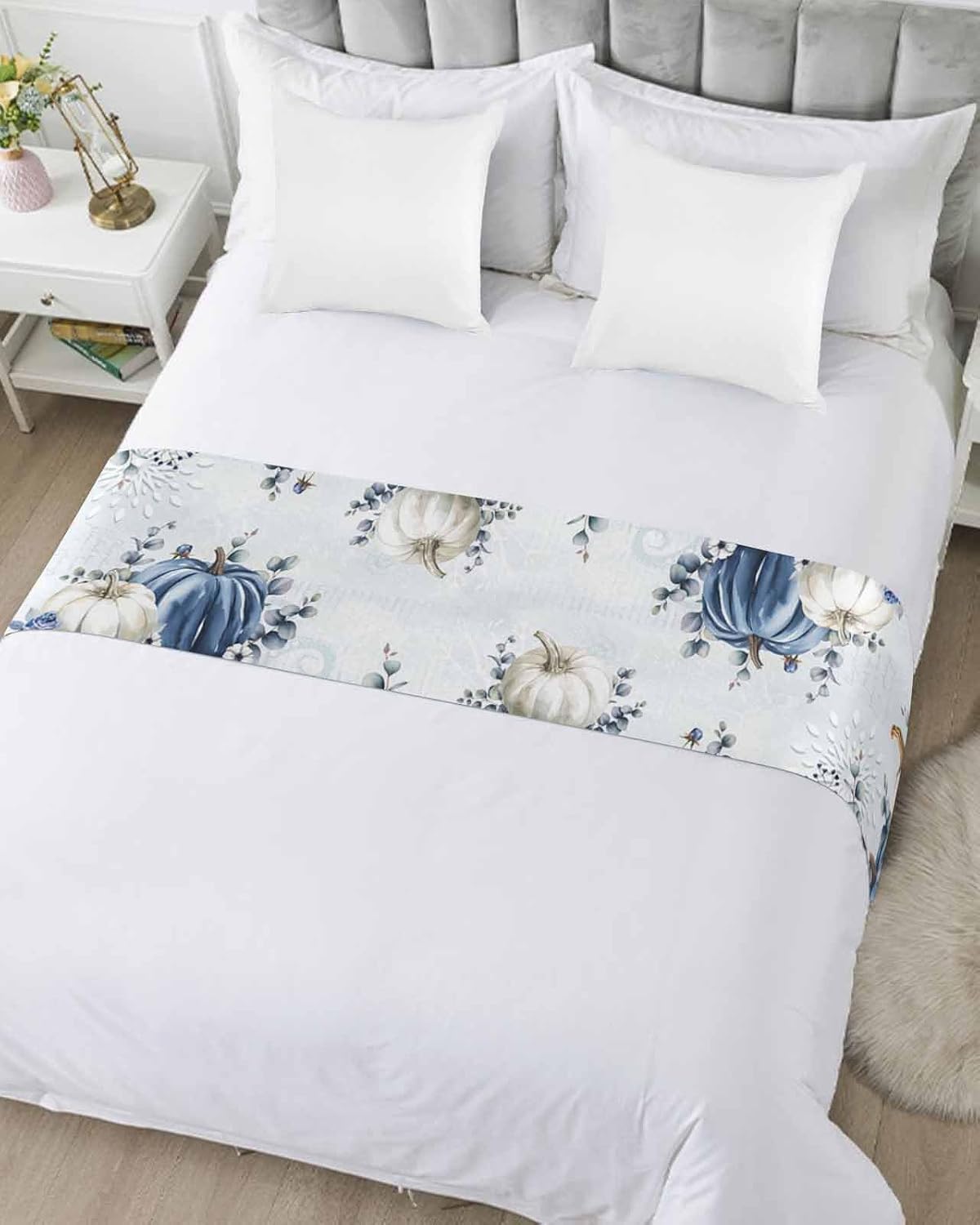 Blue Pumpkin Fall Bed Runner Scarf King Size, Thanksgiving Watercolor Eucalyptus Leaves Luxury Bed Throw Runners & Scarves for Twin Full Queen King Foot of Bed, Hotel Wedding Room Decoration, 94"x20"
