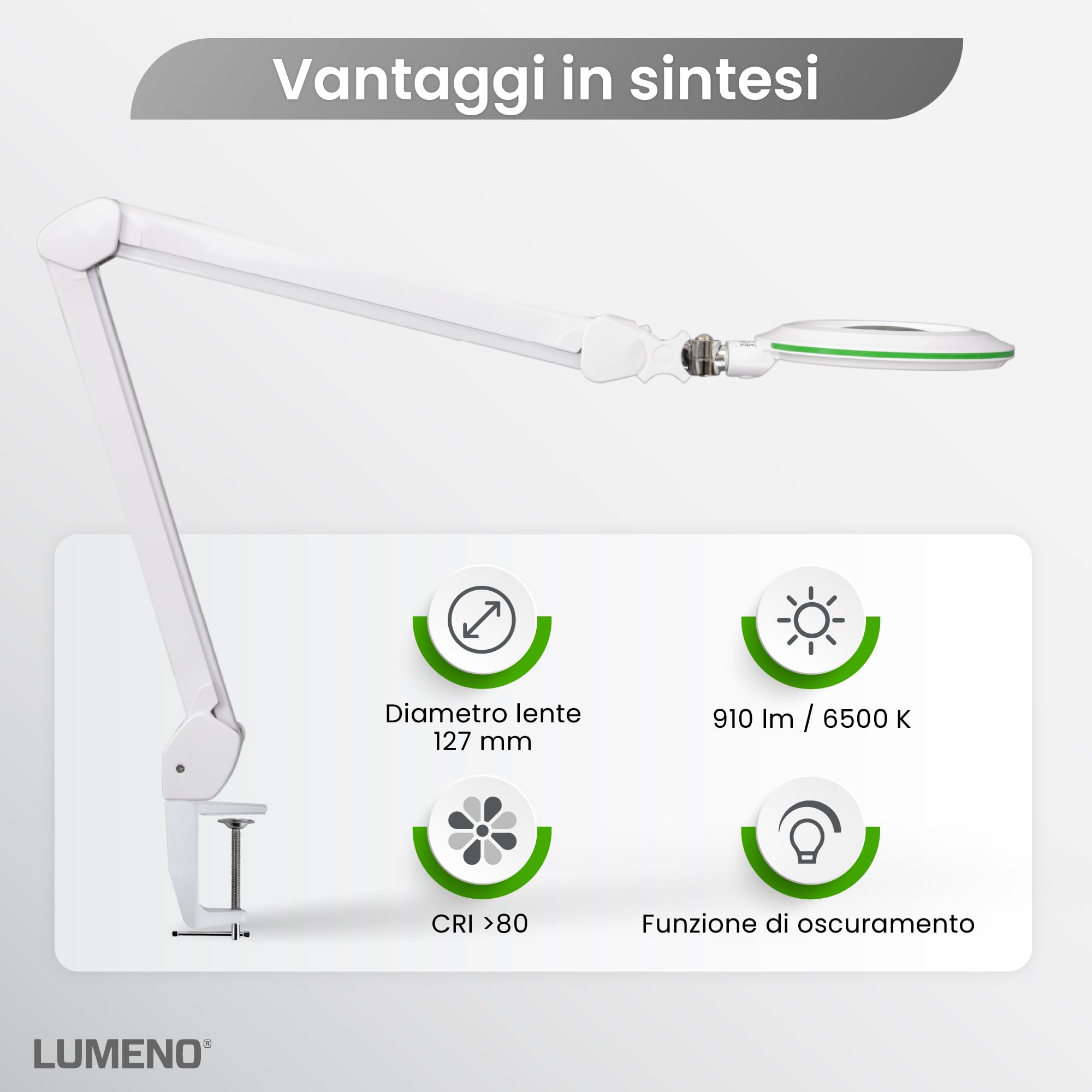 Lampada d'ingrandimento Lumeno Lambda M, dimmerabile con lente in vetro cristallino da 127 mm, ideale per saloni di bellezza, studi medici, hobbisti, ausili per la lettura, Verde 5 diottrie