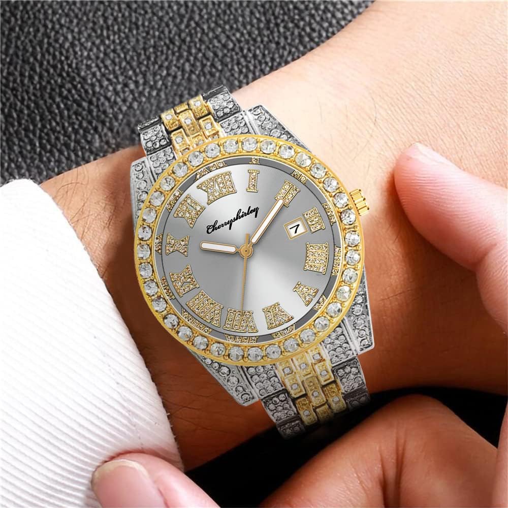 3PC Diamonds Gold Watch Iced Out Cuban Chain Bracelet Men's 18K Real Gold/Platinum White Gold Plated 40MM Width Green/Blue/Red Dial Quartz Wristband Jewelry Set