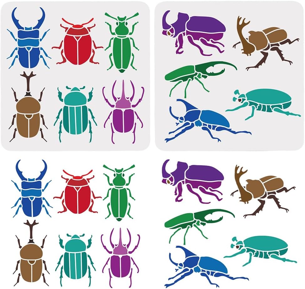 MAYJOYDIY 11 Insects Scarab Beetle Bug Stencil 11.8×11.8inch Reusable Nature Beetle Bug Drawing Templates with Paint Brush for Insect Crafts Art Furniture Wood Canvas Home Decor