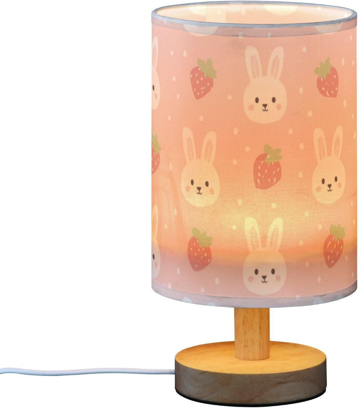 Aslsiy Cute White Bunny Strawberry Bedside Table Lamp Pink Nightstand Lamp Night Light Fabric Shade for Bedroom Living Room Home Office