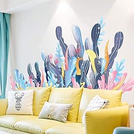 Amaonm Creative Cartoon Removable 3D Under The Sea World Nature Scenery Wall Stickers Ocean Grass Colorful Seaweed Baseboard Wall Decal for Wall Corner Nursery Room Bathroom Living Room (Coral)