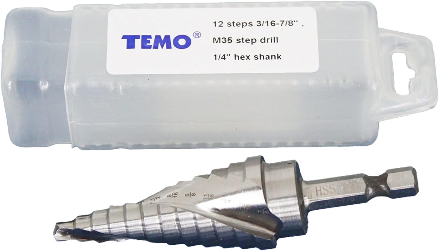 TEMO M35 Cobalt Spiral Flute Step Drill Unibit, 12 Size 3/16 Inch To 7/8 Inch, 1/4 Inch Hex Shank